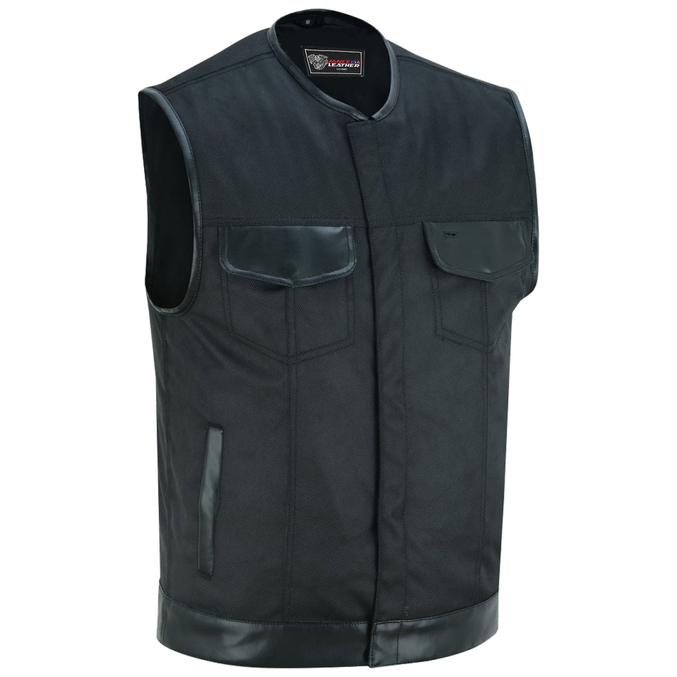 VL1919L - Men's Premium Black Textile Collarless Motorcycle Club Vest with Leather Trims