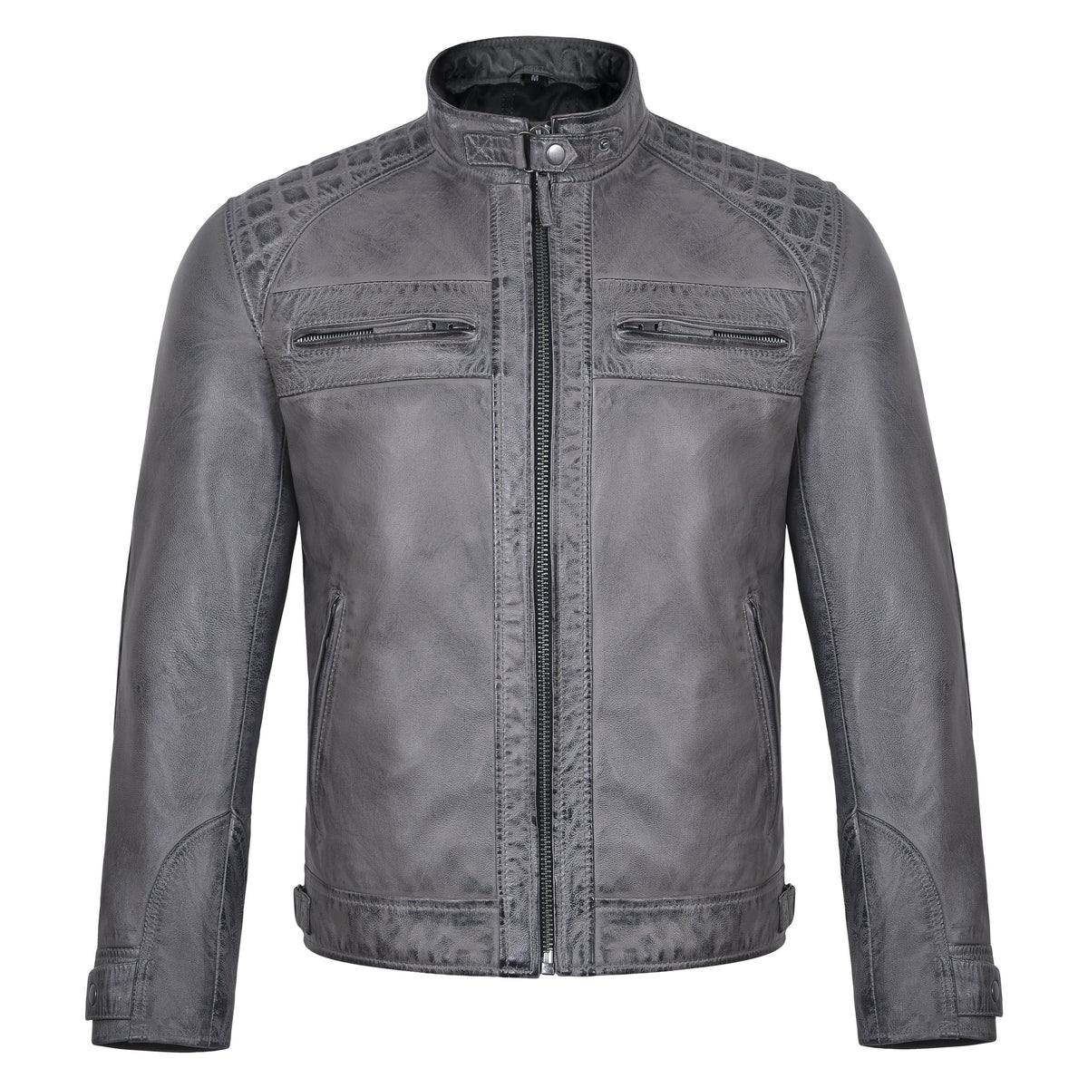 Men's Cafe Racer Waxed Lambskin Distressed Grey Motorcycle Leather Jacket - front