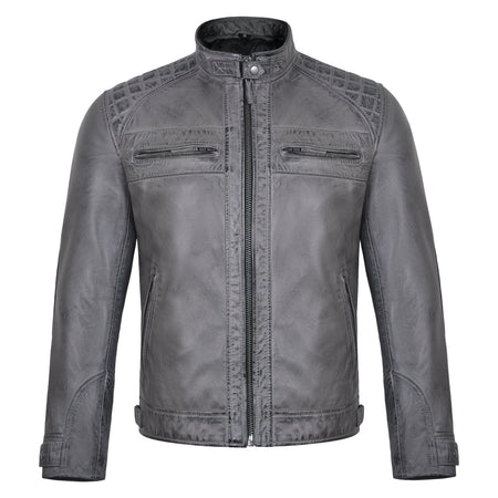 Men's Cafe Racer Waxed Lambskin Distressed Grey Motorcycle Leather Jacket - front