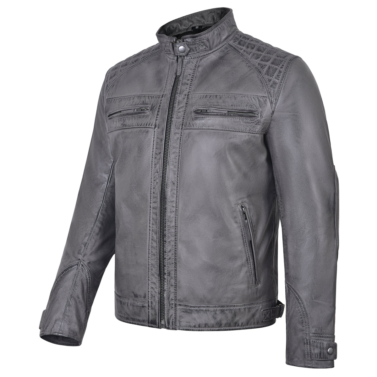 Men's Cafe Racer Waxed Lambskin Distressed Grey Motorcycle Leather Jacket - side