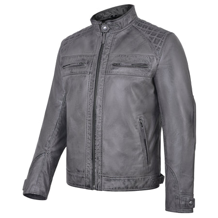 Men's Cafe Racer Waxed Lambskin Distressed Grey Motorcycle Leather Jacket - side