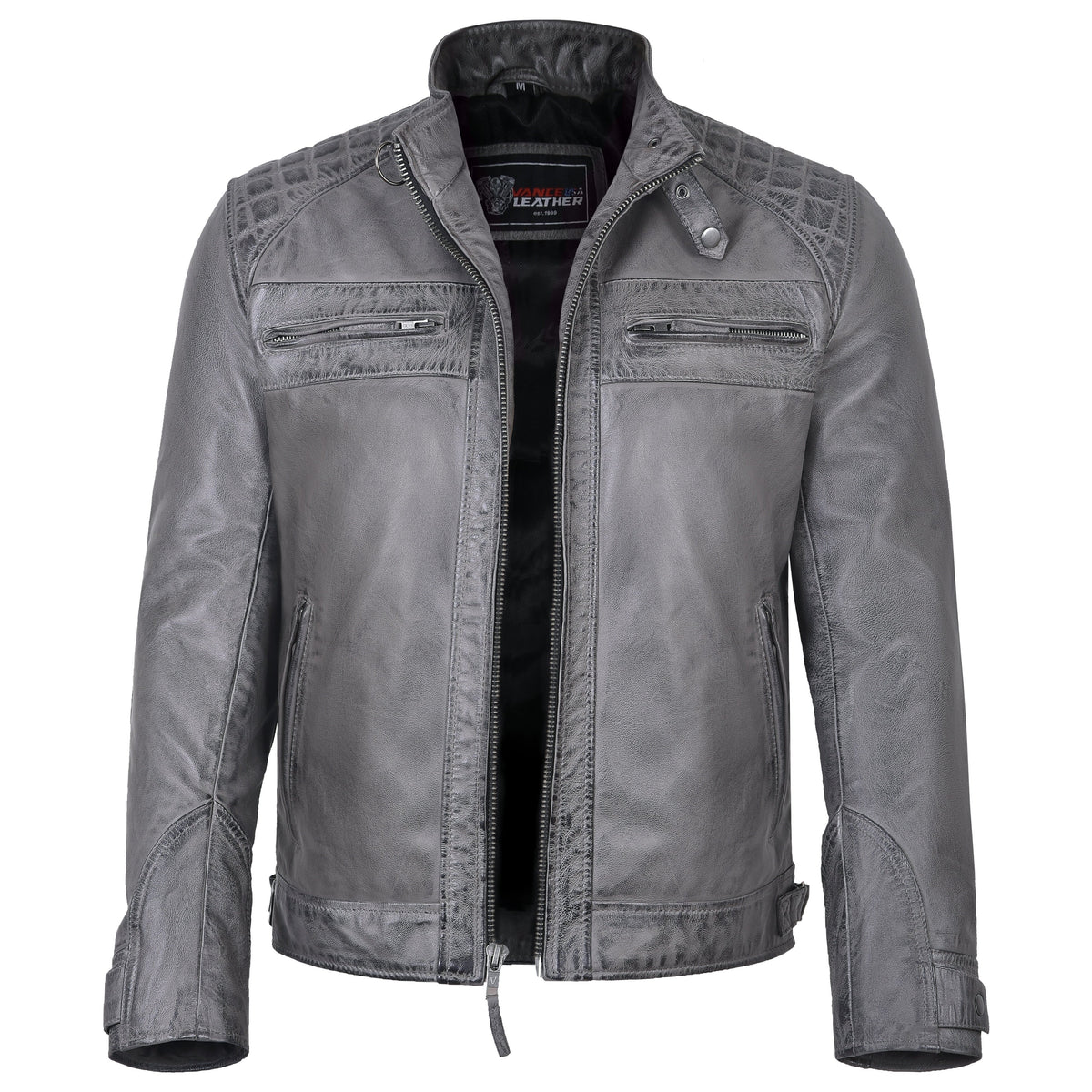Men's Cafe Racer Waxed Lambskin Distressed Grey Motorcycle Leather Jacket - front zipper open