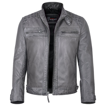 Men's Cafe Racer Waxed Lambskin Distressed Grey Motorcycle Leather Jacket - front zipper open