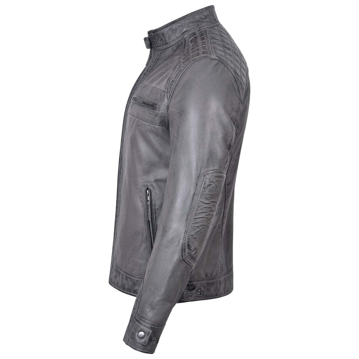 Men's Cafe Racer Waxed Lambskin Distressed Grey Motorcycle Leather Jacket - side 1