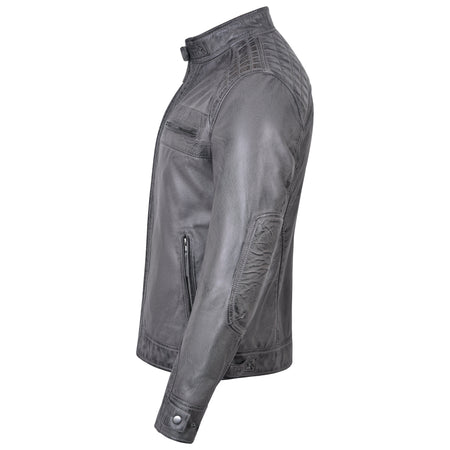 Men's Cafe Racer Waxed Lambskin Distressed Grey Motorcycle Leather Jacket - side 1