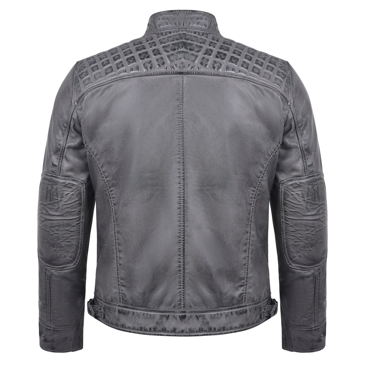 Men's Cafe Racer Waxed Lambskin Distressed Grey Motorcycle Leather Jacket - back