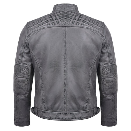 Men's Cafe Racer Waxed Lambskin Distressed Grey Motorcycle Leather Jacket - back