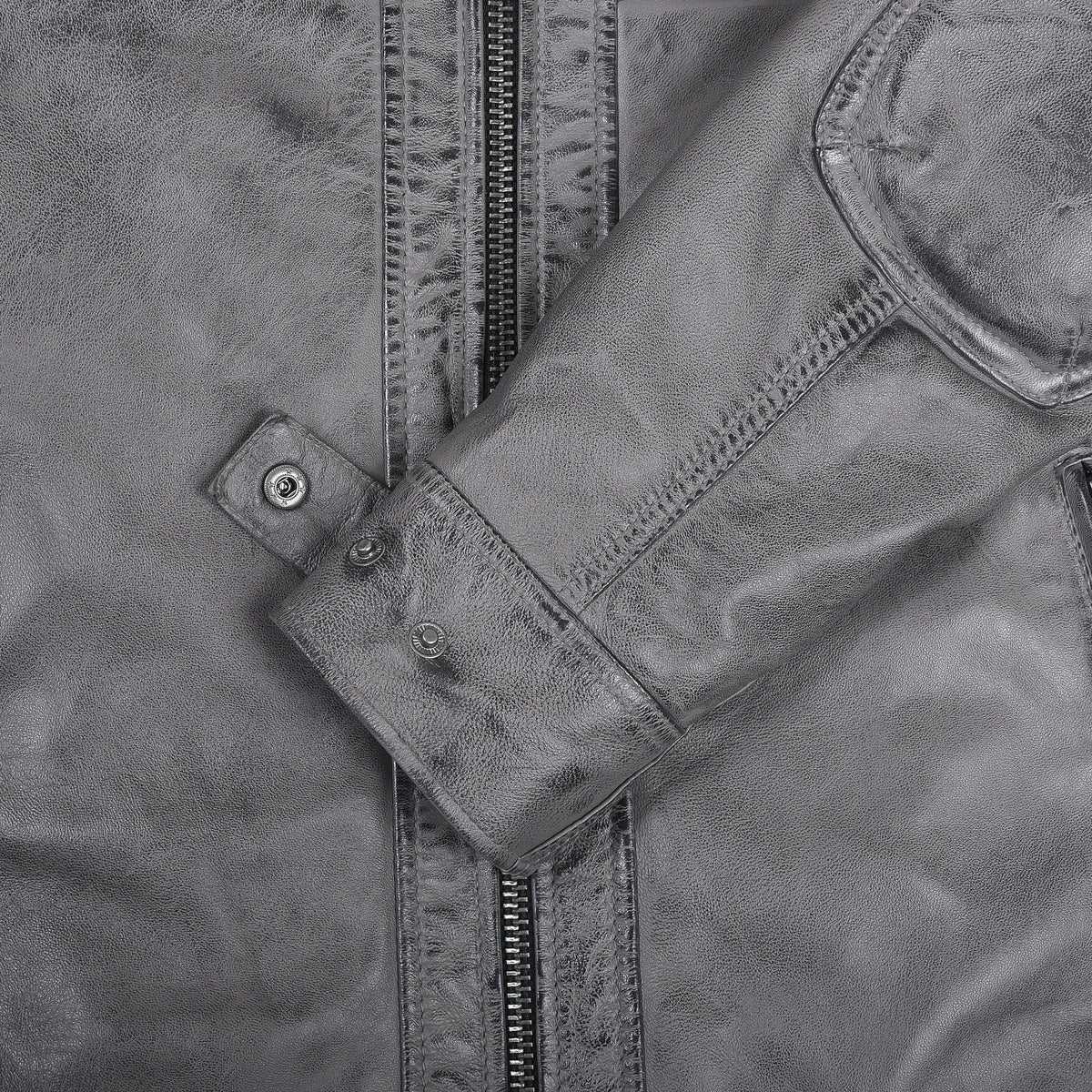 Men's Cafe Racer Waxed Lambskin Distressed Grey Motorcycle Leather Jacket - cuff