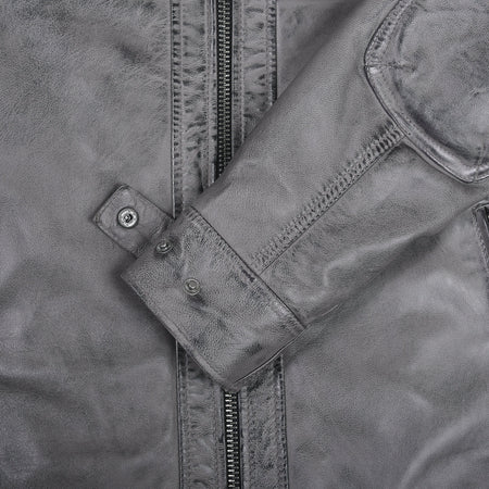 Men's Cafe Racer Waxed Lambskin Distressed Grey Motorcycle Leather Jacket - cuff