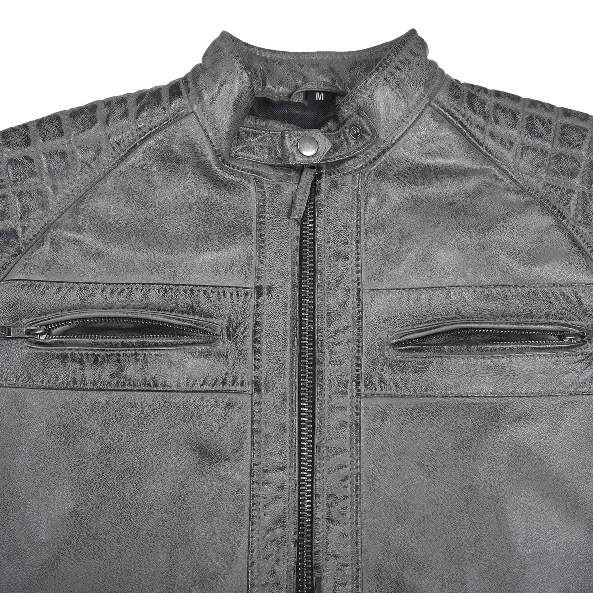 Men's Cafe Racer Waxed Lambskin Distressed Grey Motorcycle Leather Jacket - front chest pocket