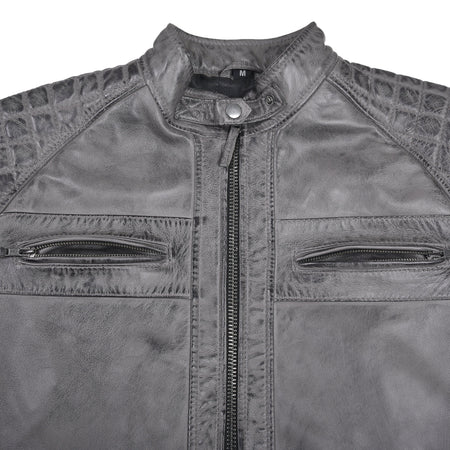 Men's Cafe Racer Waxed Lambskin Distressed Grey Motorcycle Leather Jacket - front chest pocket
