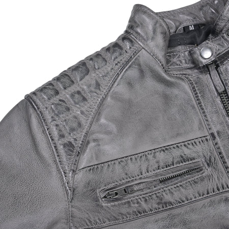 Men's Cafe Racer Waxed Lambskin Distressed Grey Motorcycle Leather Jacket - detail pic