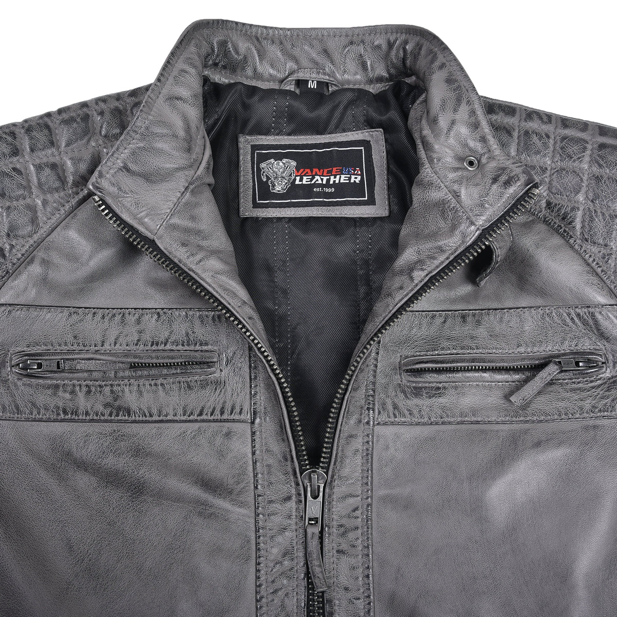 Men's Cafe Racer Waxed Lambskin Distressed Grey Motorcycle Leather Jacket - collar