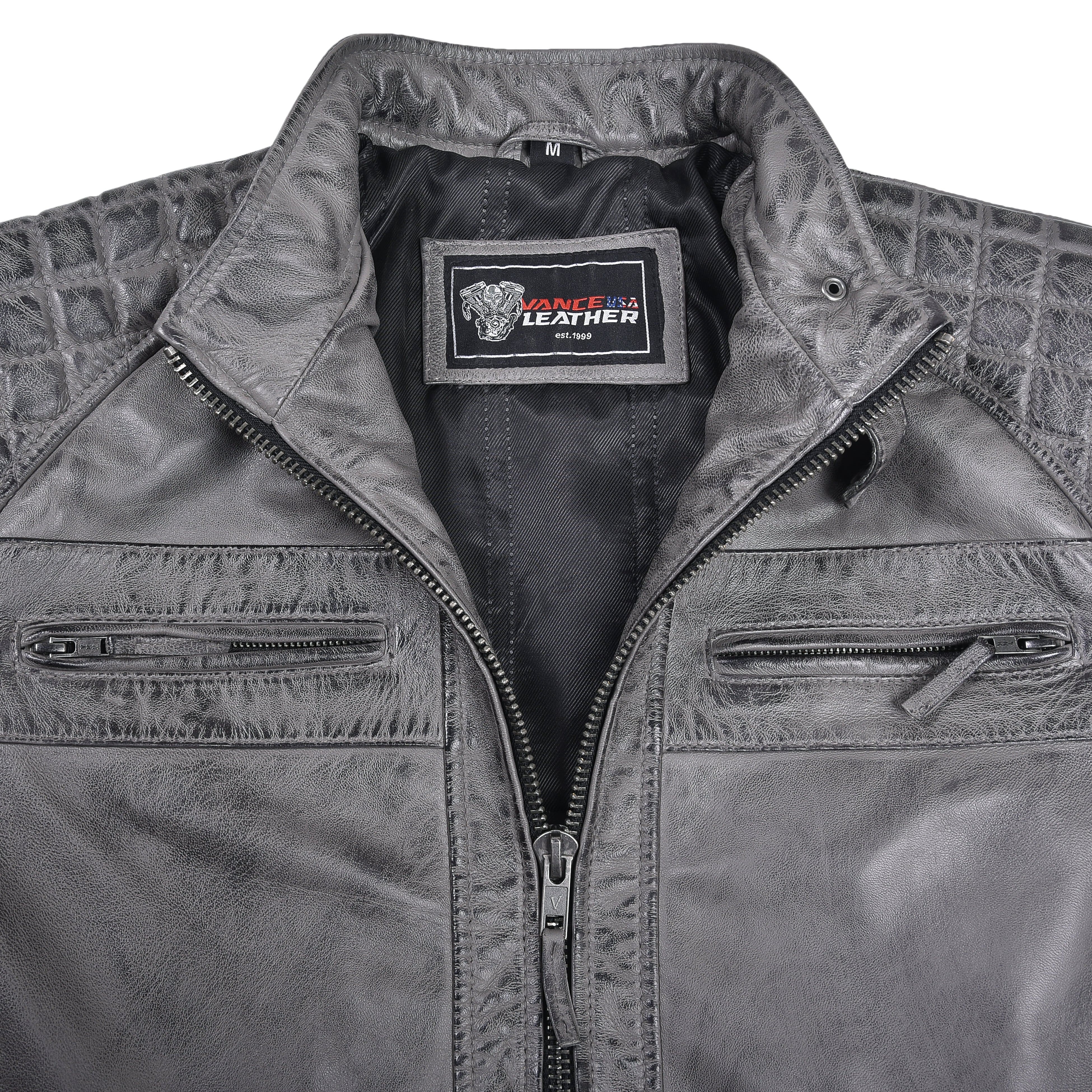 Men's Cafe Racer Waxed Lambskin Distressed Grey Motorcycle Leather Jacket - collar