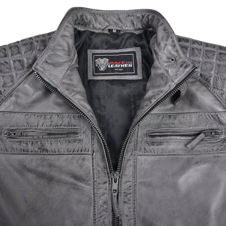 Men's Cafe Racer Waxed Lambskin Distressed Grey Motorcycle Leather Jacket - collar