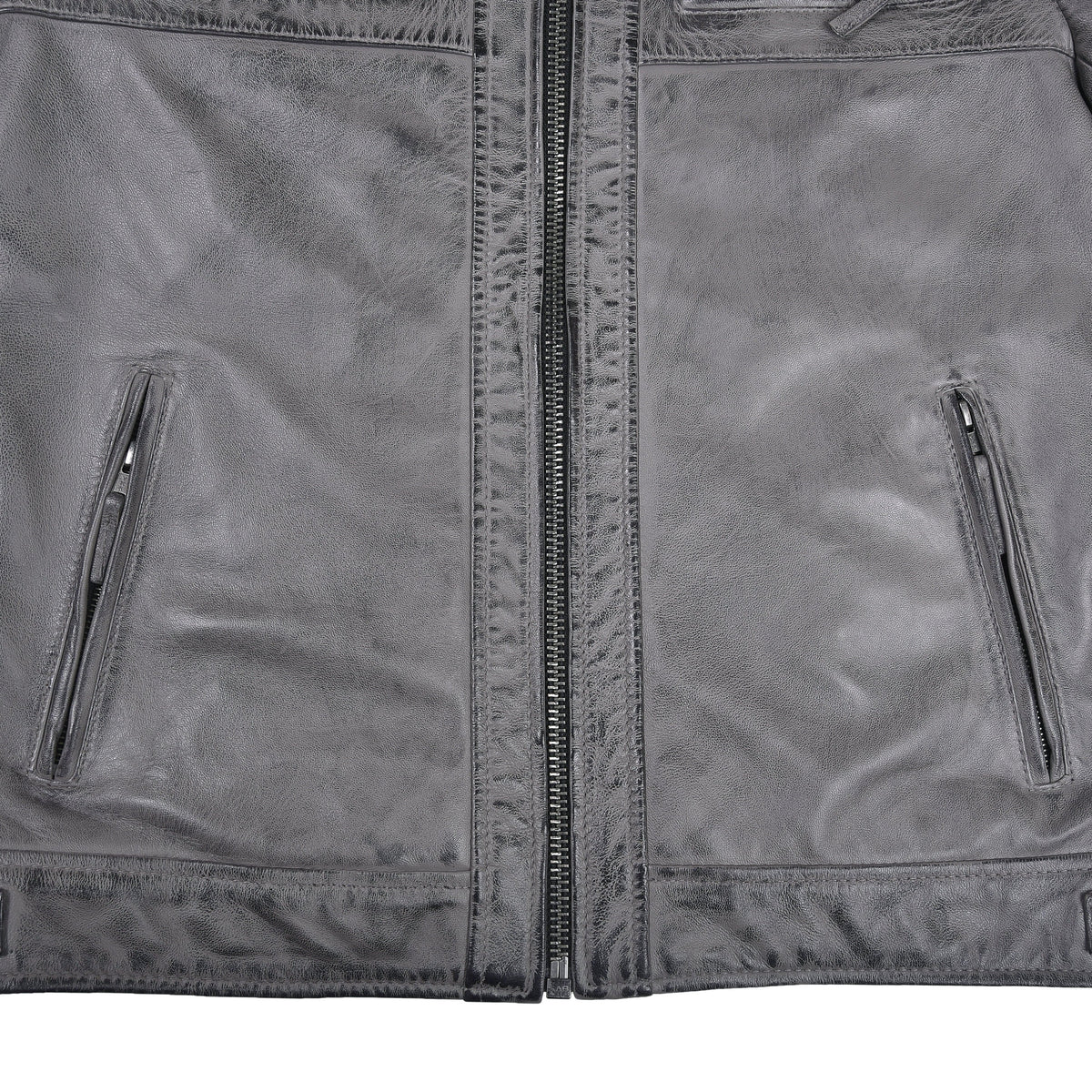 Men's Cafe Racer Waxed Lambskin Distressed Grey Motorcycle Leather Jacket - hand pocket