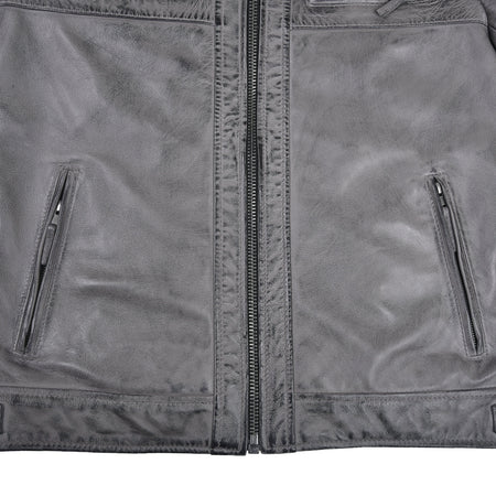 Men's Cafe Racer Waxed Lambskin Distressed Grey Motorcycle Leather Jacket - hand pocket