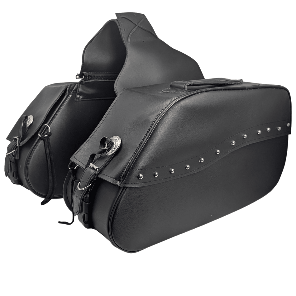 Vance VS225 Black Studded Motorcycle Saddlebags 30L Water-Resistant Fits Honda, Yamaha, Kawasaki, Indian, and Harley
