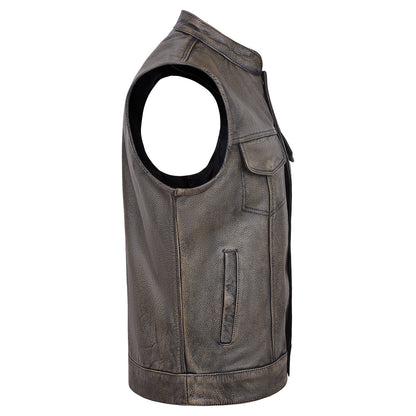 High Mileage HMM914DB Mens Premium Cowhide Distressed Brown SOA Style Biker Club Leather Motorcycle Vest