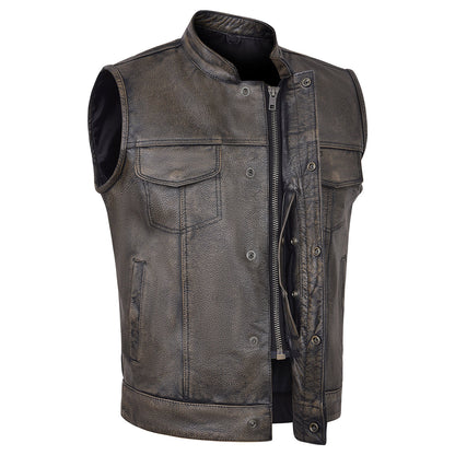High Mileage HMM914DB Mens Premium Cowhide Distressed Brown SOA Style Biker Club Leather Motorcycle Vest