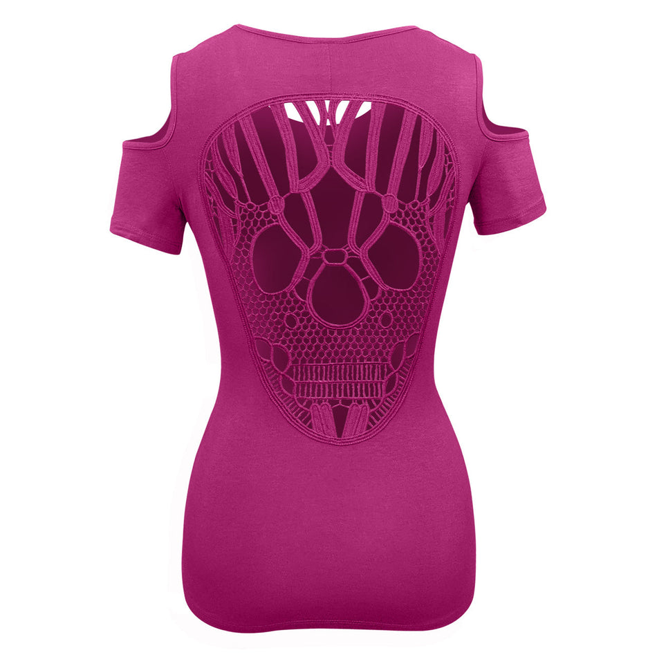 VB024/VB124 - Ladies Half Sleeve Shoulder Cutoffs Shirts Sugar Skull Lace Design on back