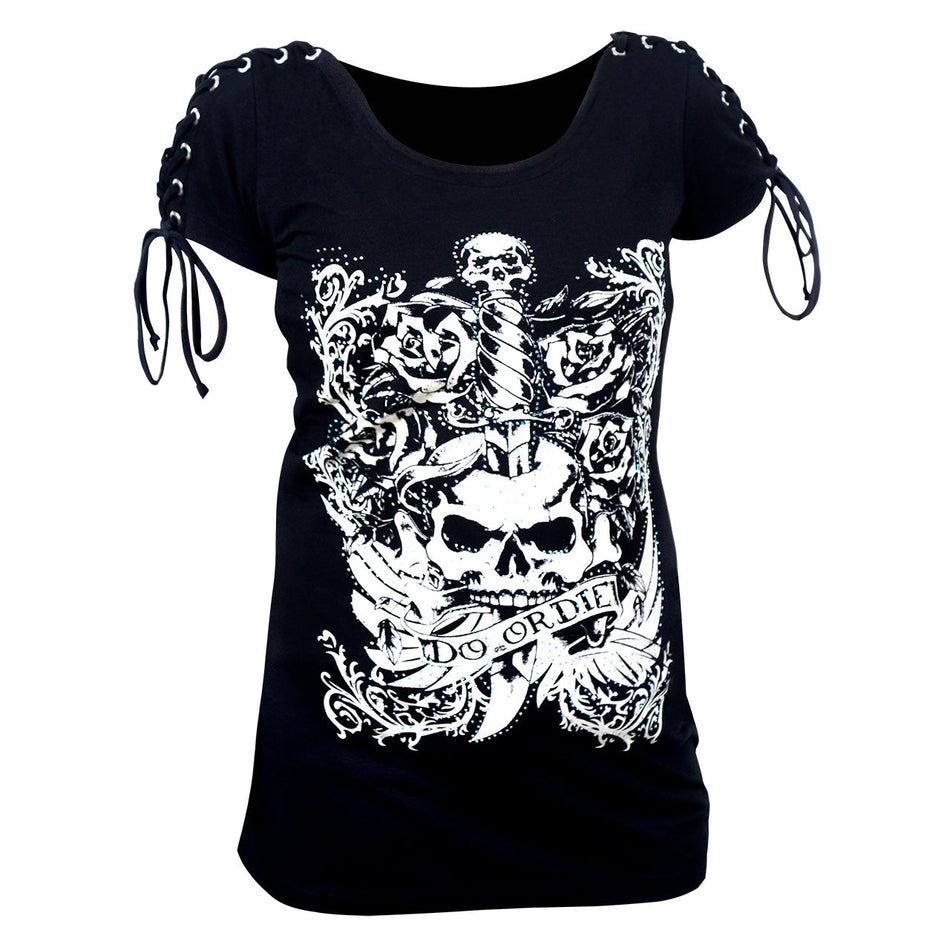 VB018 Do Or Die - Ladies Do Or Die Black Tank with Laced Shoulder
