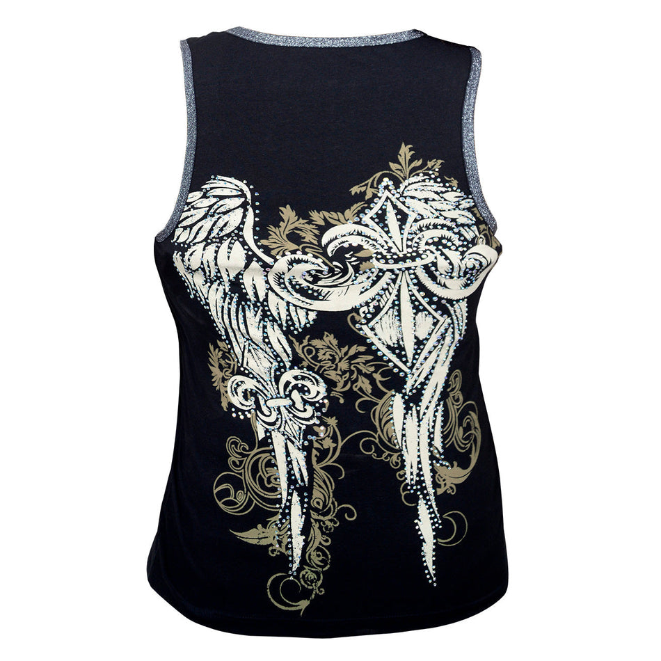 VB017 Fluer - Wings and Fluer De Lis Black Tank Topwith Zipper and Studs