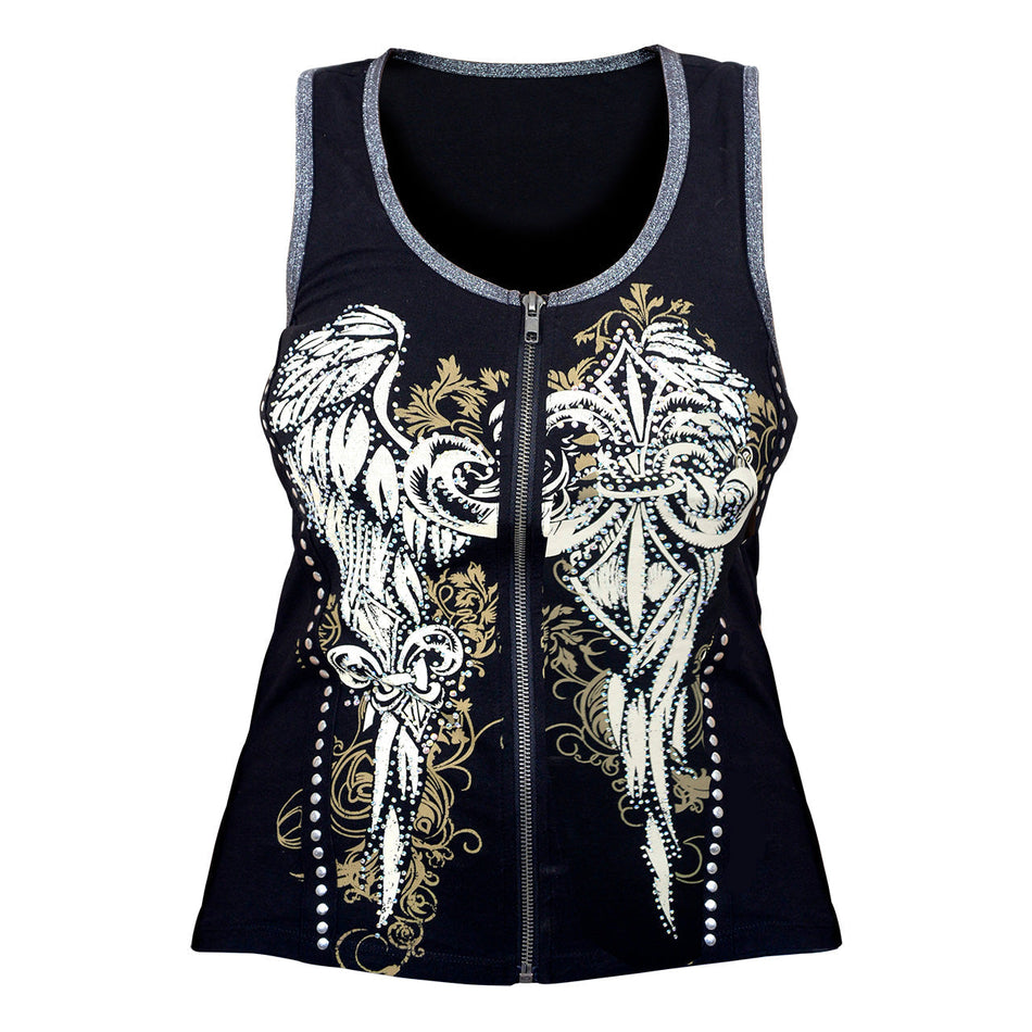 VB017 Fluer - Wings and Fluer De Lis Black Tank Topwith Zipper and Studs
