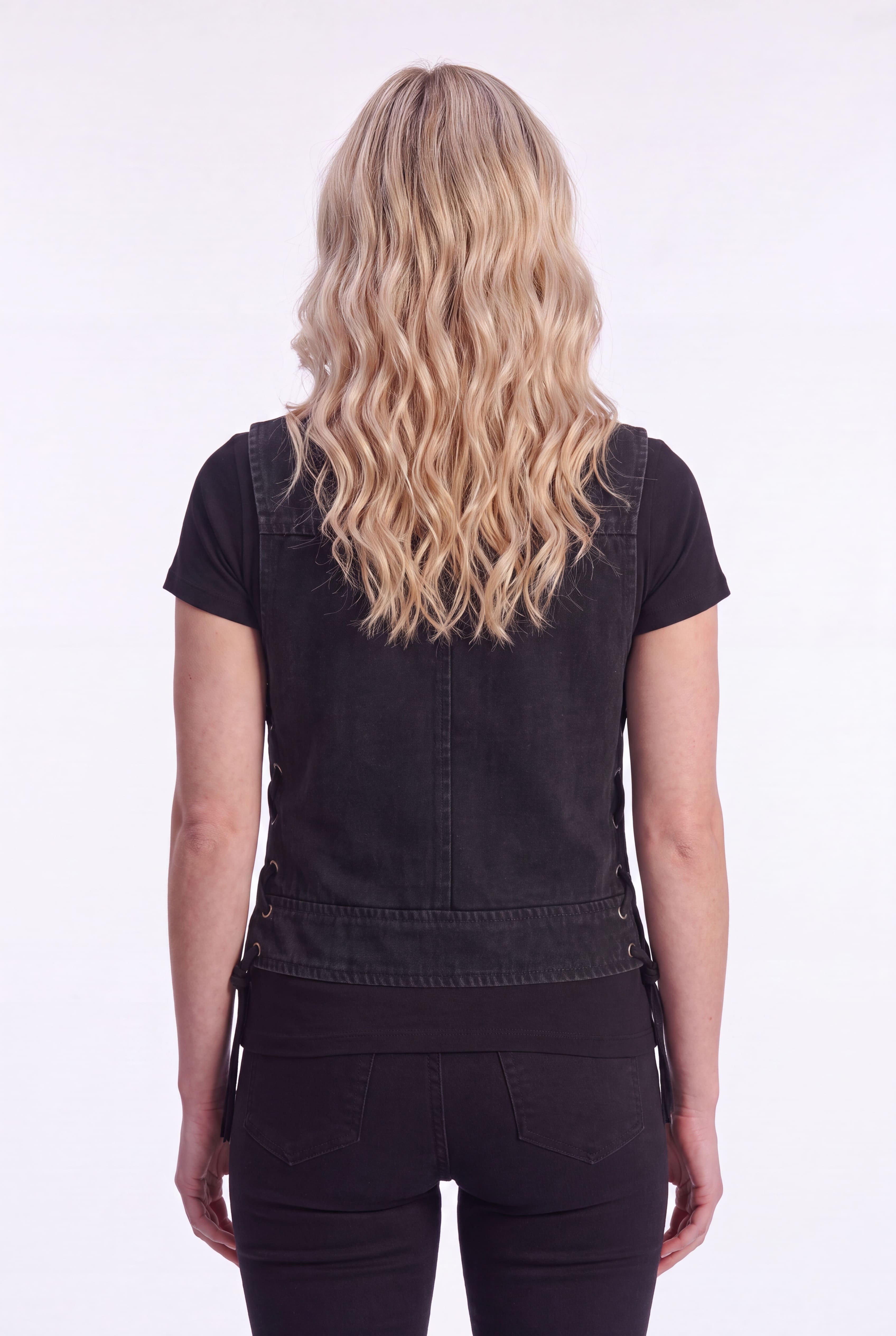 Womens Black Denim V Neck with Zipper & Side Laces Motorcycle Vest - back pose