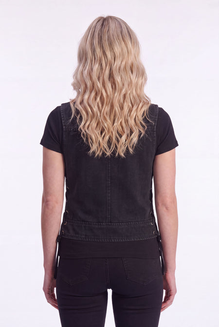 Womens Black Denim V Neck with Zipper & Side Laces Motorcycle Vest - back pose