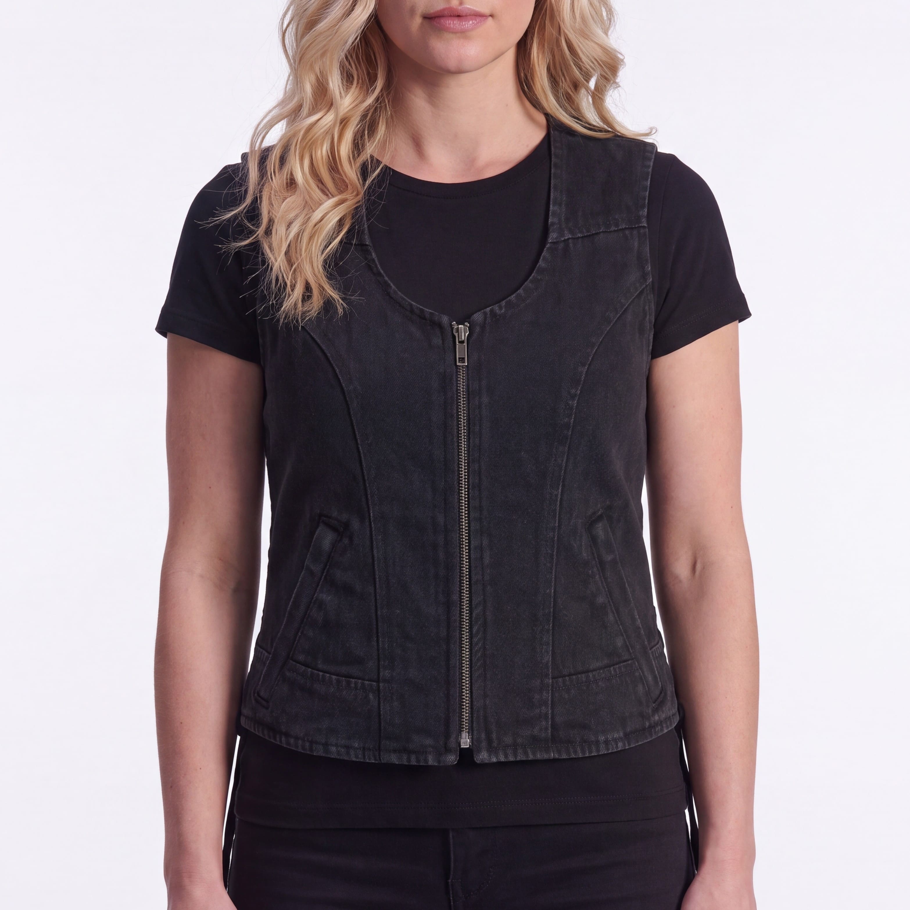 Womens Black Denim V Neck with Zipper & Side Laces Motorcycle Vest - front pose