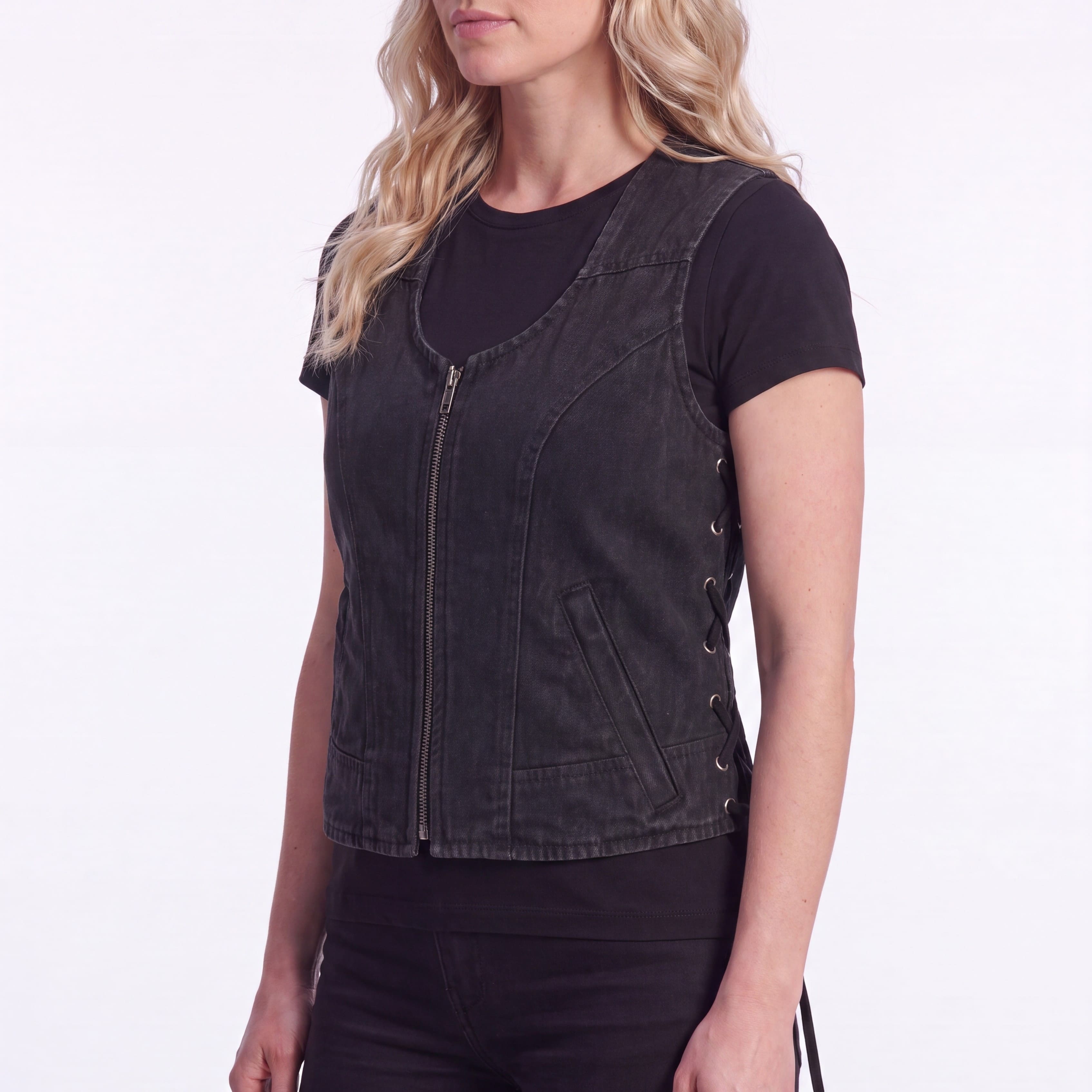 Womens Black Denim V Neck with Zipper & Side Laces Motorcycle Vest - side pose
