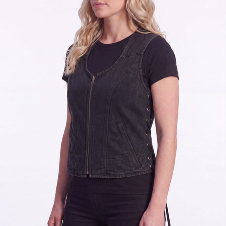 Womens Black Denim V Neck with Zipper & Side Laces Motorcycle Vest - side pose