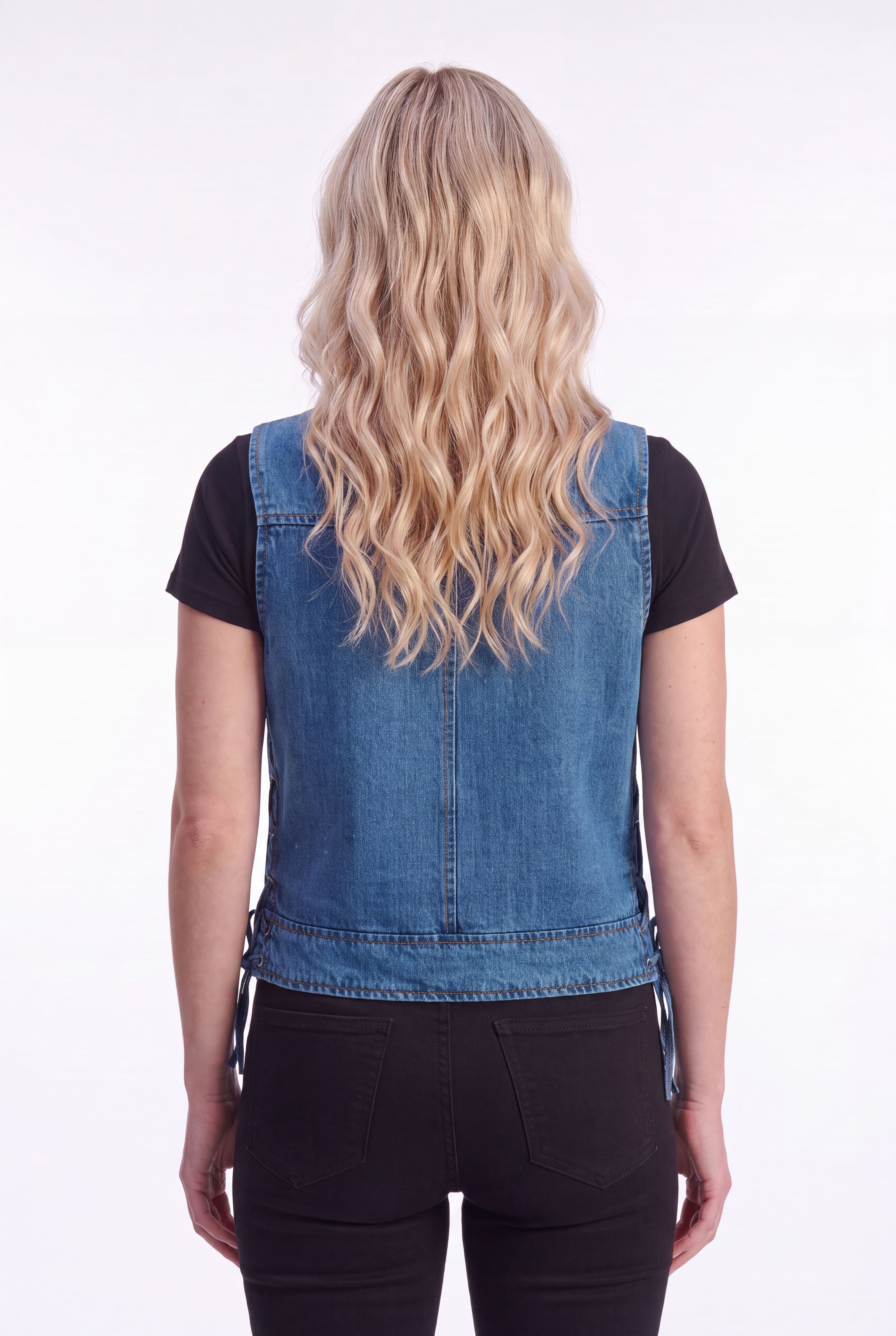 Women's Blue Denim V Neck Vest with Zipper & Side Laces - back pose
