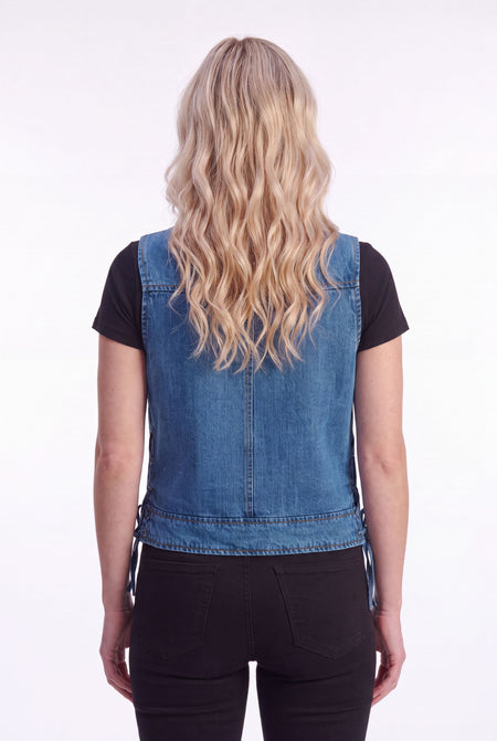 Women's Blue Denim V Neck Vest with Zipper & Side Laces - back pose
