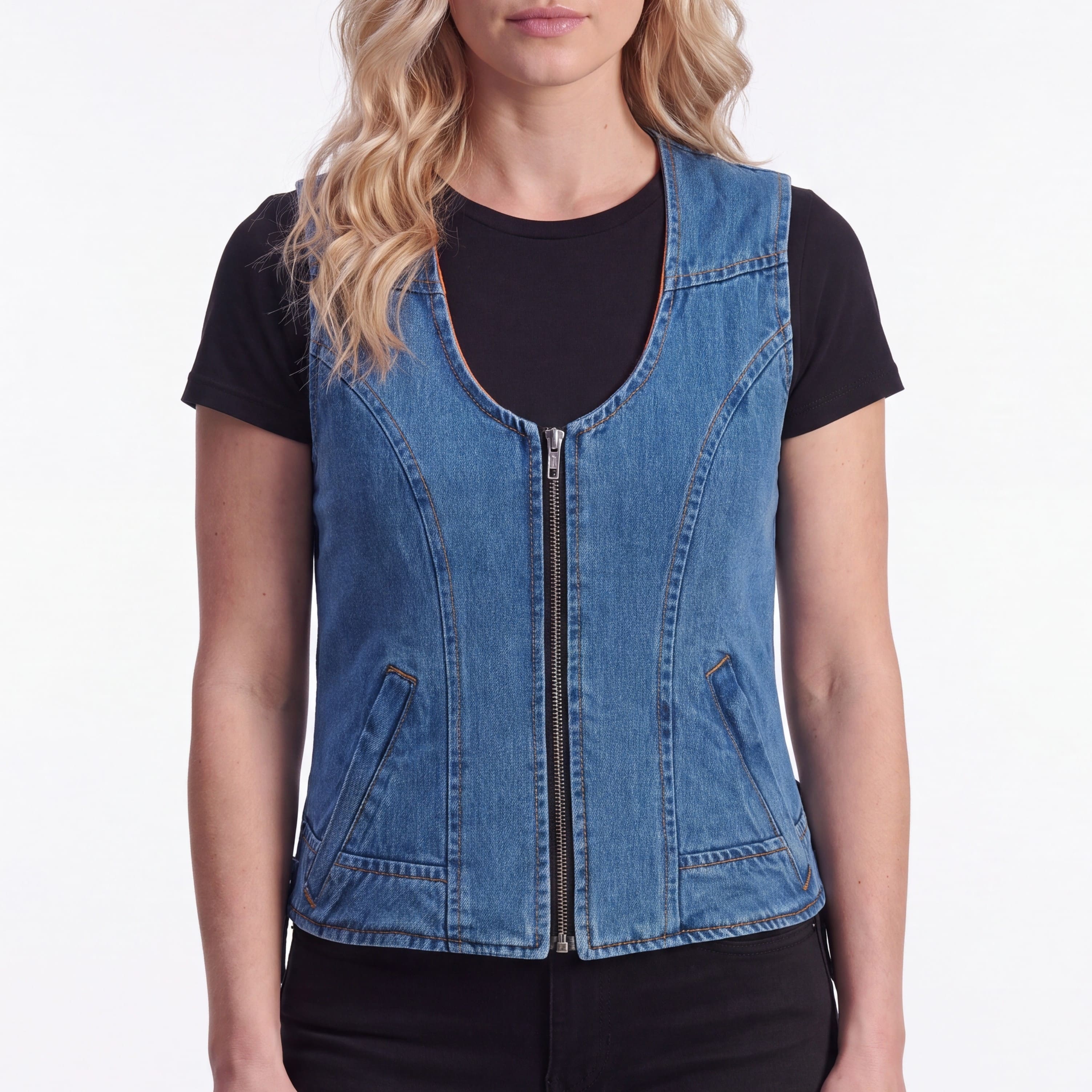 Women's Blue Denim V Neck Vest with Zipper & Side Laces - front pose