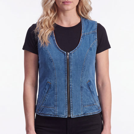 Women's Blue Denim V Neck Vest with Zipper & Side Laces - front pose
