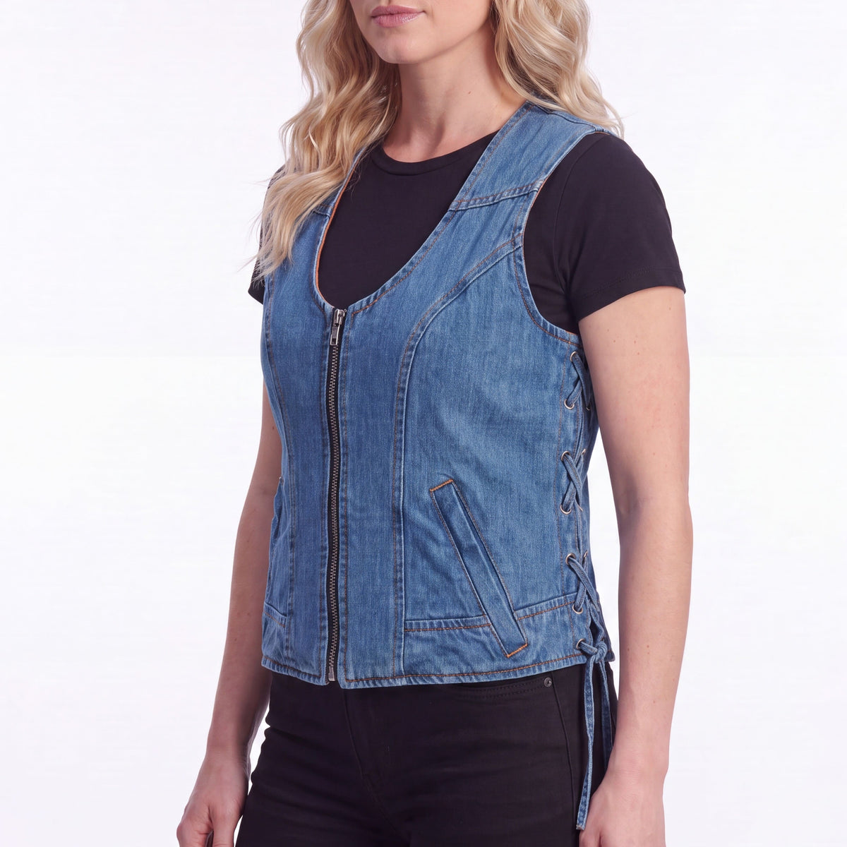 Women's Blue Denim V Neck Vest with Zipper & Side Laces - side pose