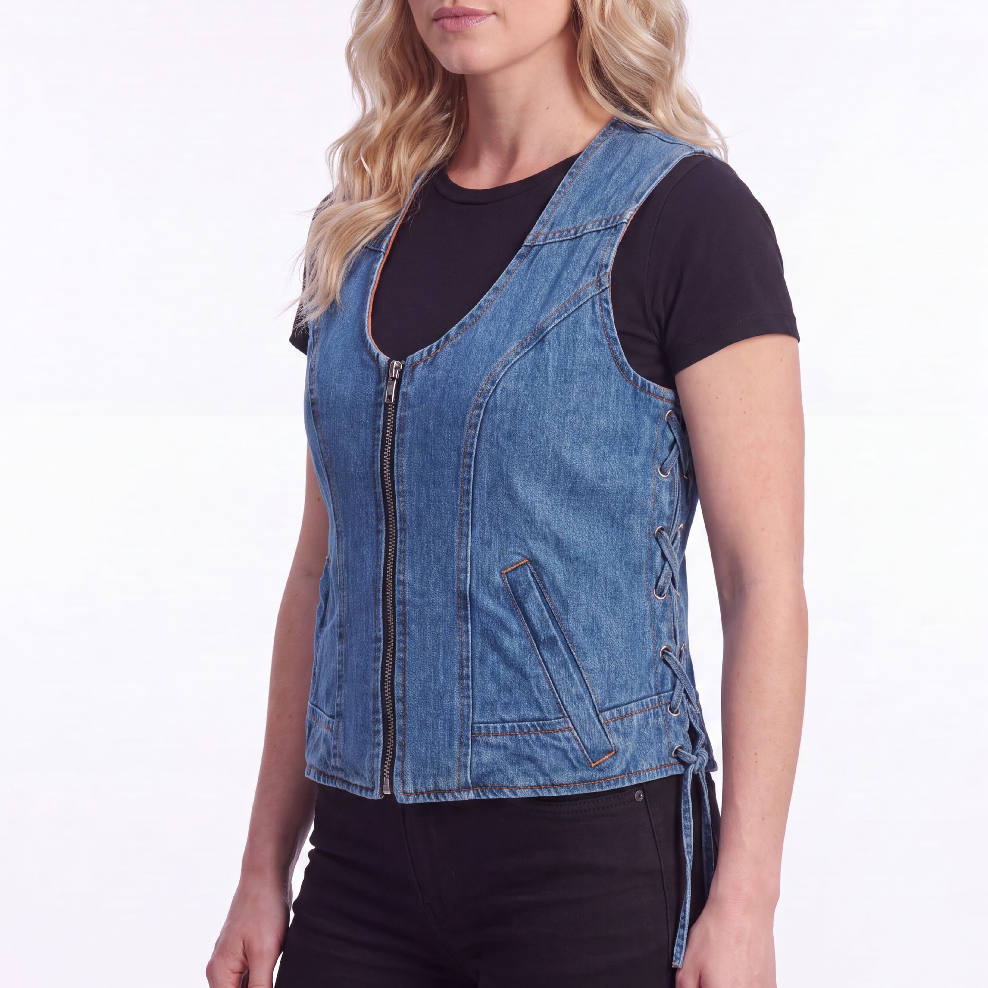 Women's Blue Denim V Neck Vest with Zipper & Side Laces - side pose