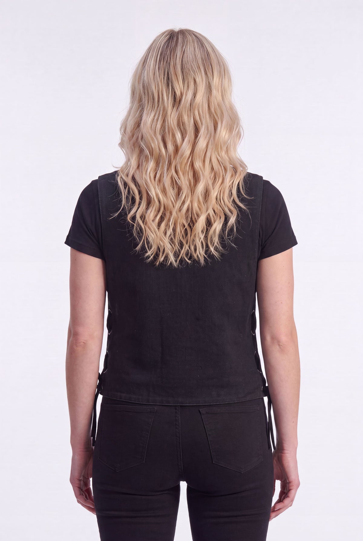 Womens Black Denim V Neck with Snap Opening & Side Laces Motorcycle Vest - back pose