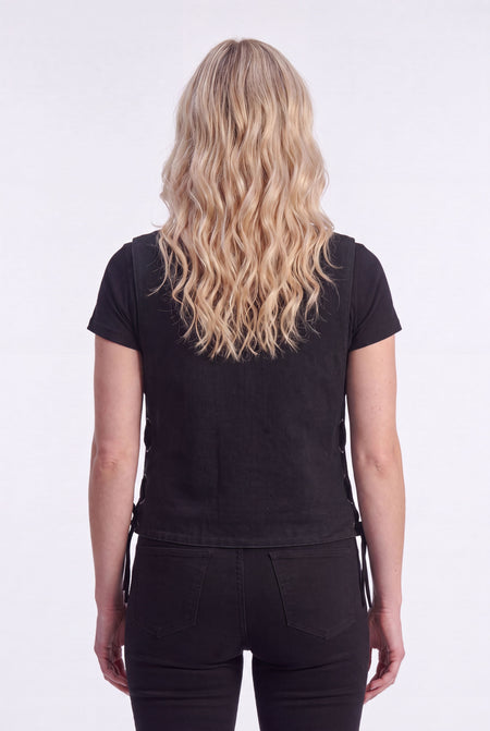 Womens Black Denim V Neck with Snap Opening & Side Laces Motorcycle Vest - back pose