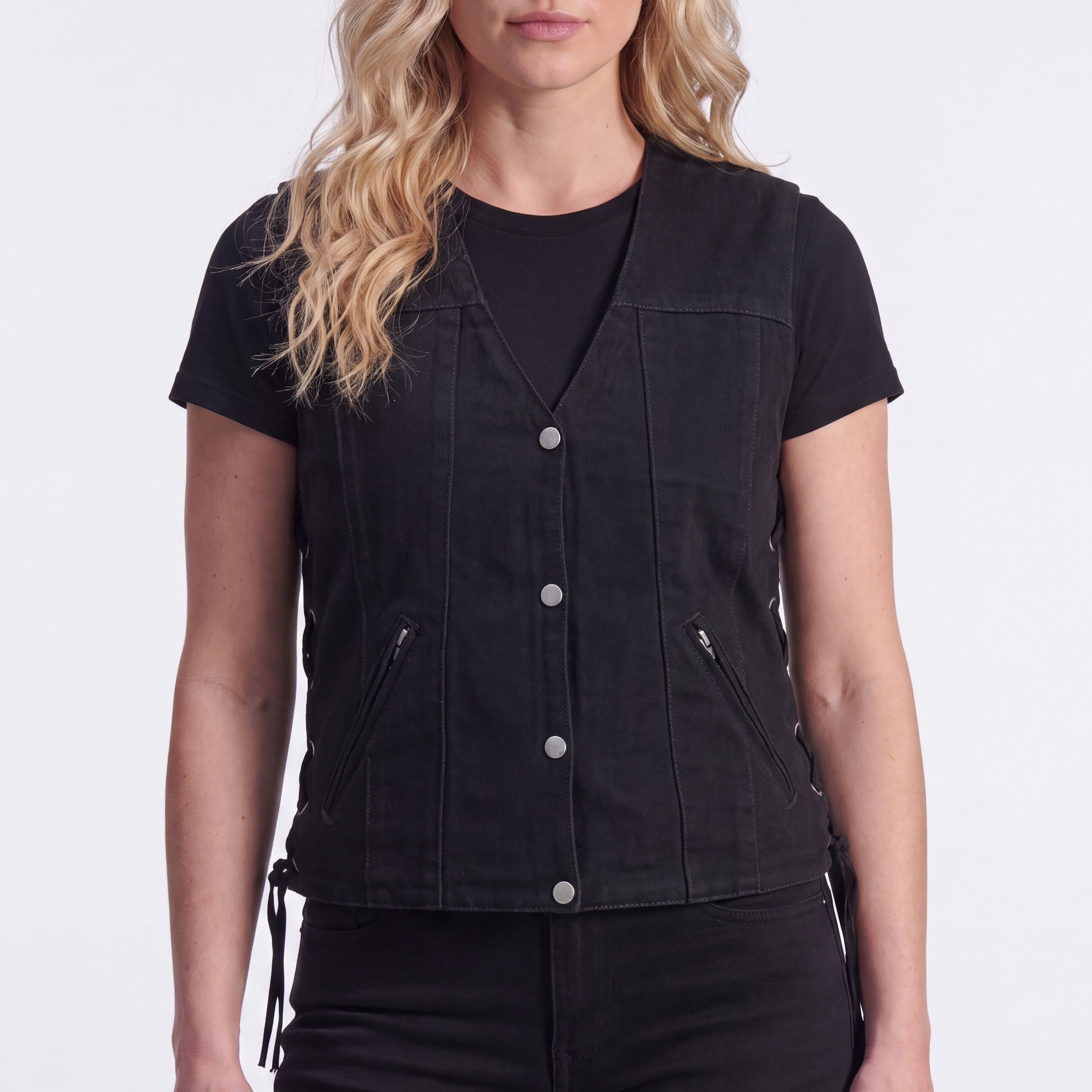Womens Black Denim V Neck with Snap Opening & Side Laces Motorcycle Vest - front pose