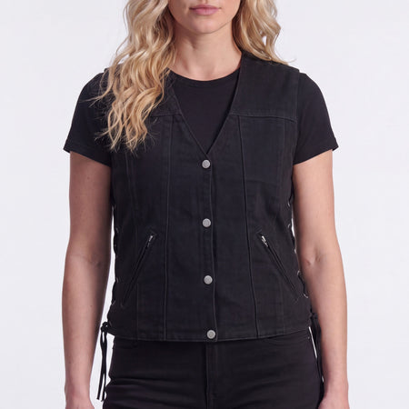 Womens Black Denim V Neck with Snap Opening & Side Laces Motorcycle Vest - front pose