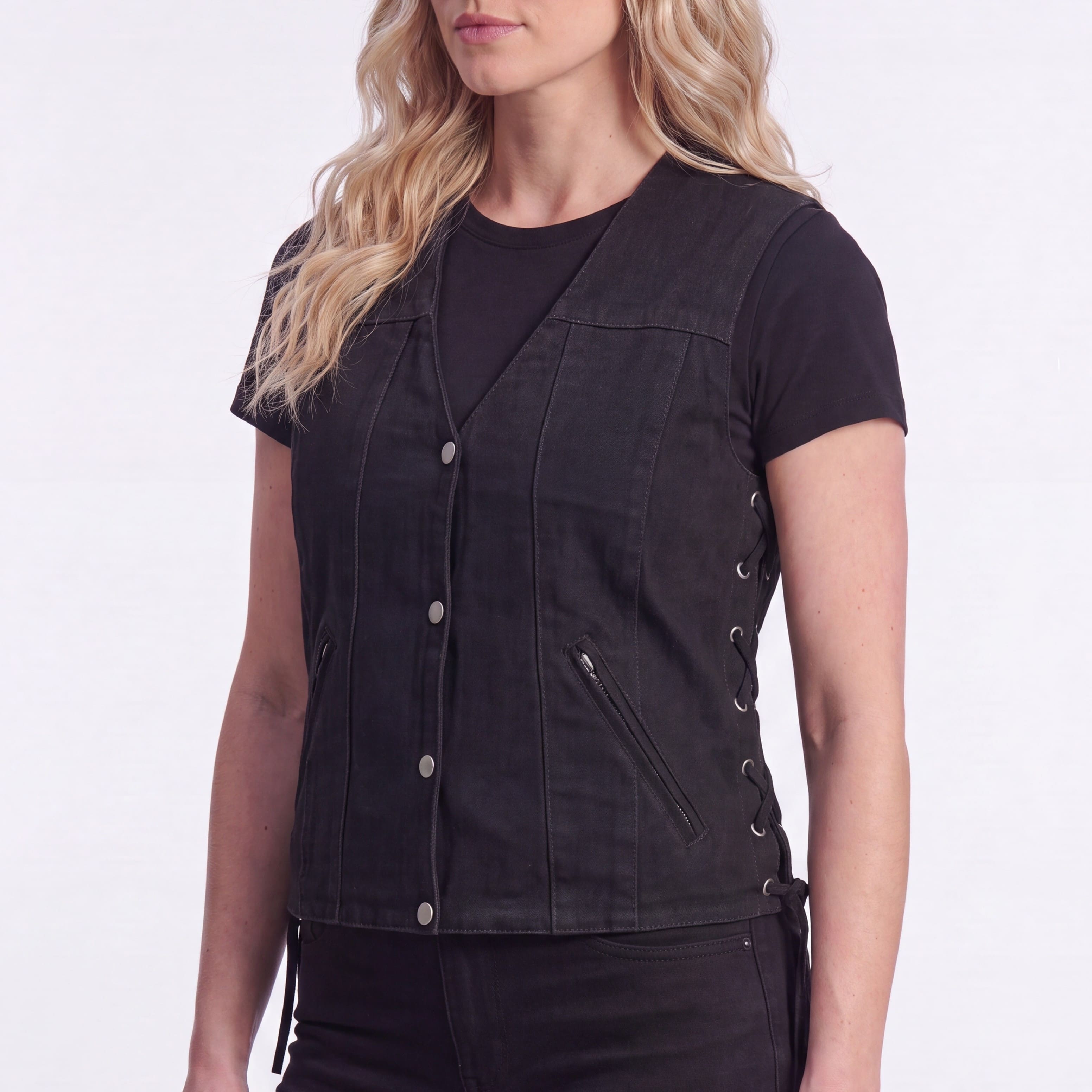 Womens Black Denim V Neck with Snap Opening & Side Laces Motorcycle Vest - side pose