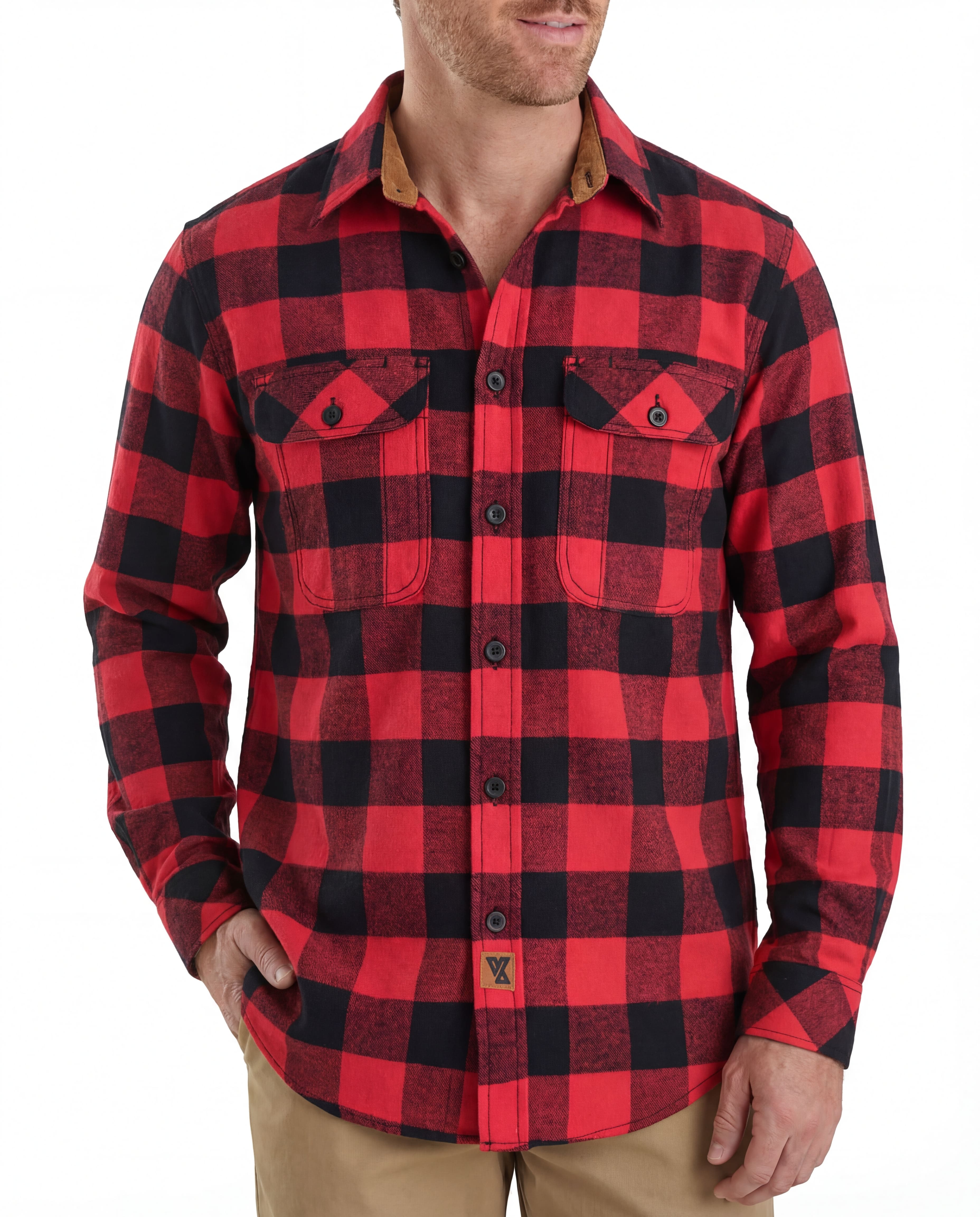 Vance Leather VB1710Br Men's Classic Red Long Sleeve Plaid Button Down Casual Flannel Shirt, Corduroy Cuffs - Pic