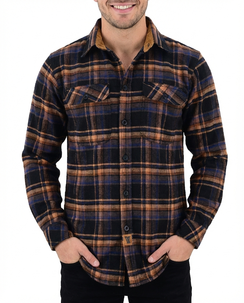 Men's Lumberjacket Midnight Rust Long Sleeve Plaid Button Down Casual Flannel Shirt