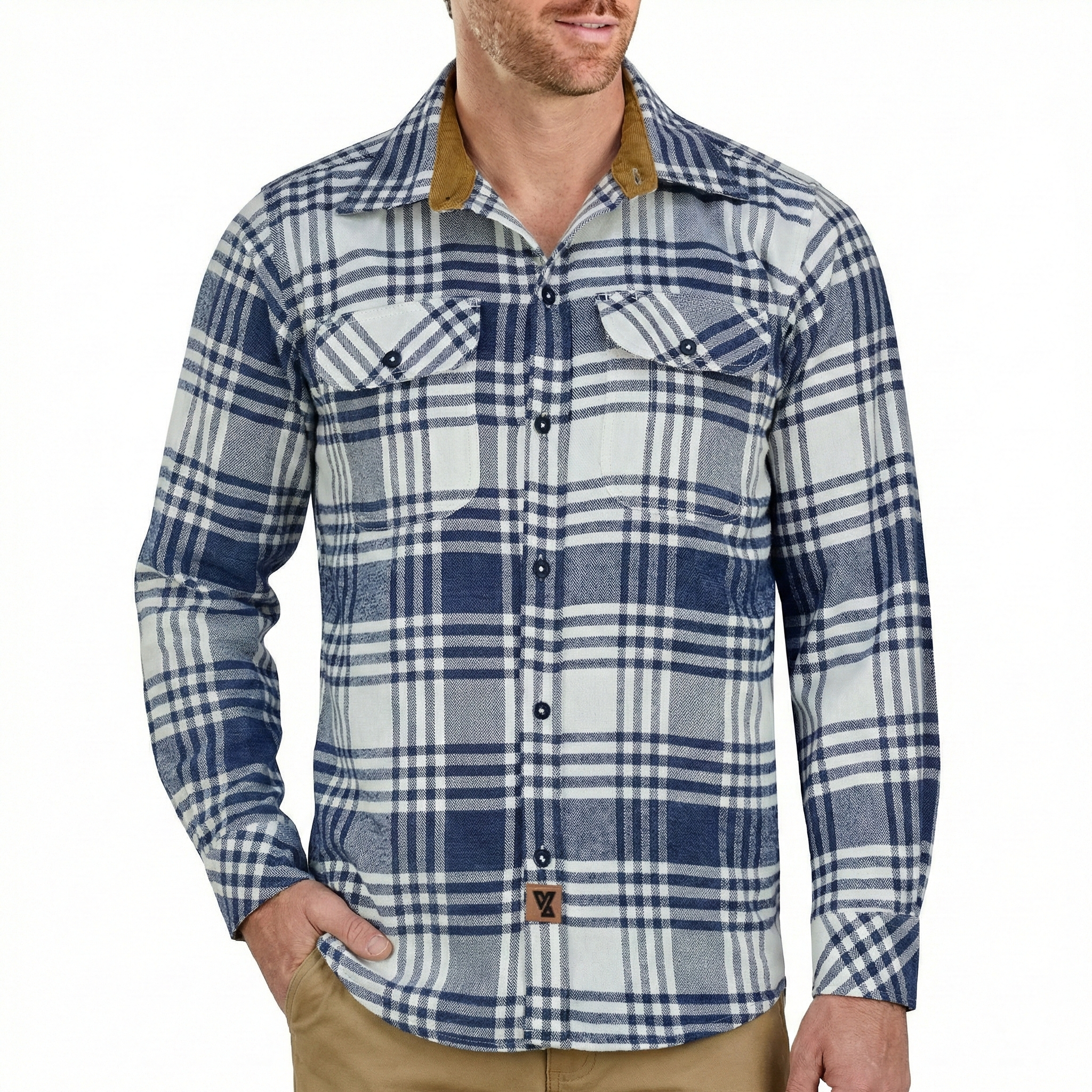 Men's Glacier Blue & White Long Sleeve Plaid Button Down Casual Flannel Shirt