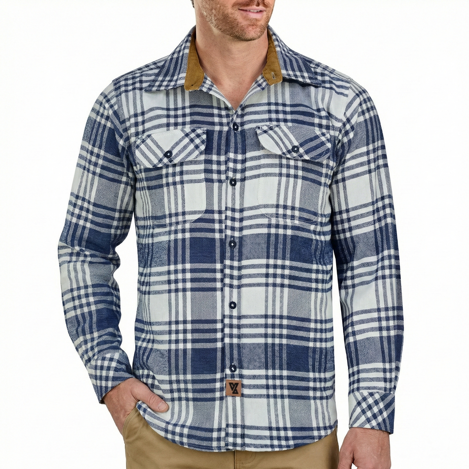 Men's Glacier Blue & White Long Sleeve Plaid Button Down Casual Flannel Shirt