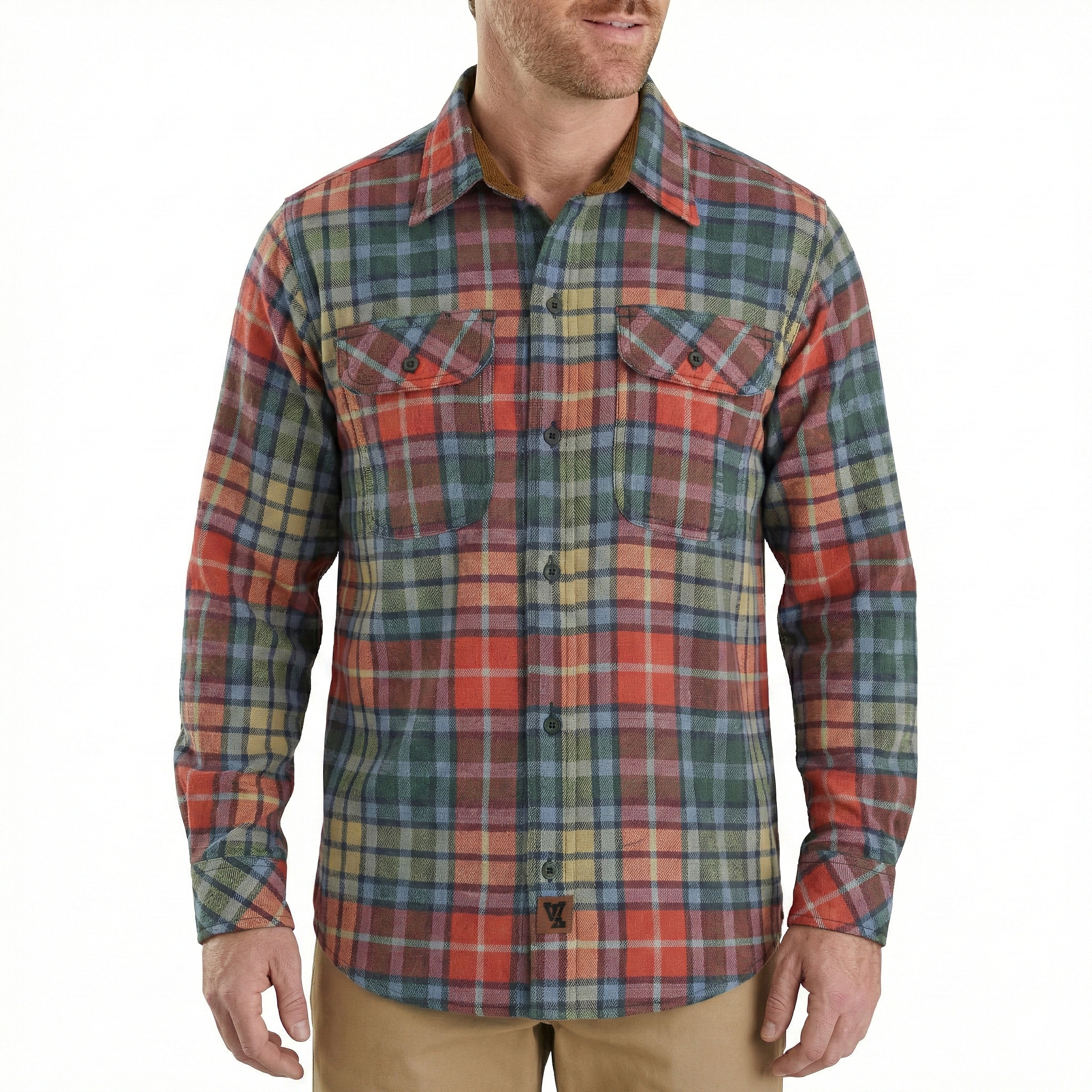 Men's Amber Color Plaid Long Sleeve Plaid Button Down Casual Flannel Shirt