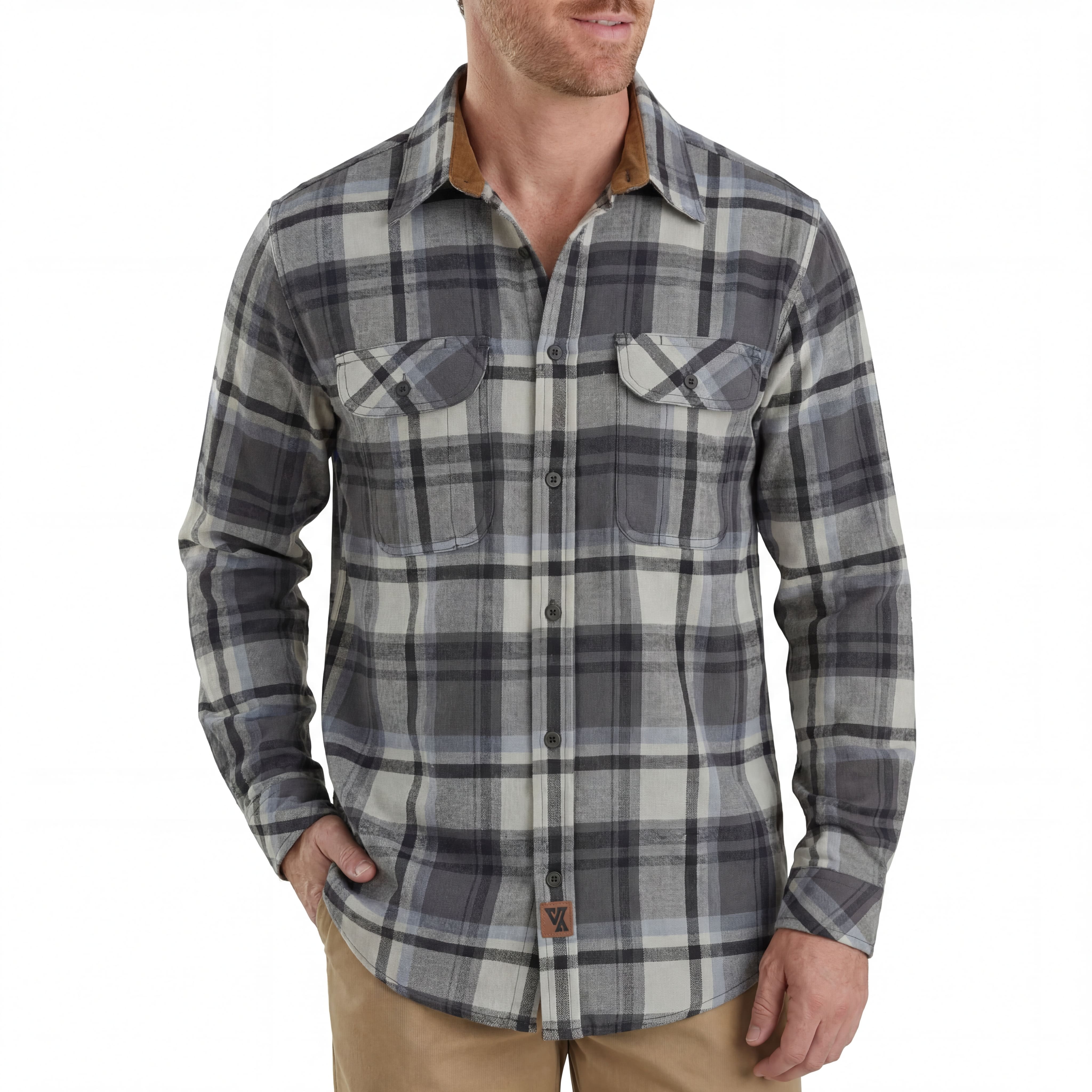 VB1728GrW - Men's Charcoal Checkered Long Sleeve Plaid Button Down Casual Flannel Shirt, Corduroy Collar & Cuffs - Pic